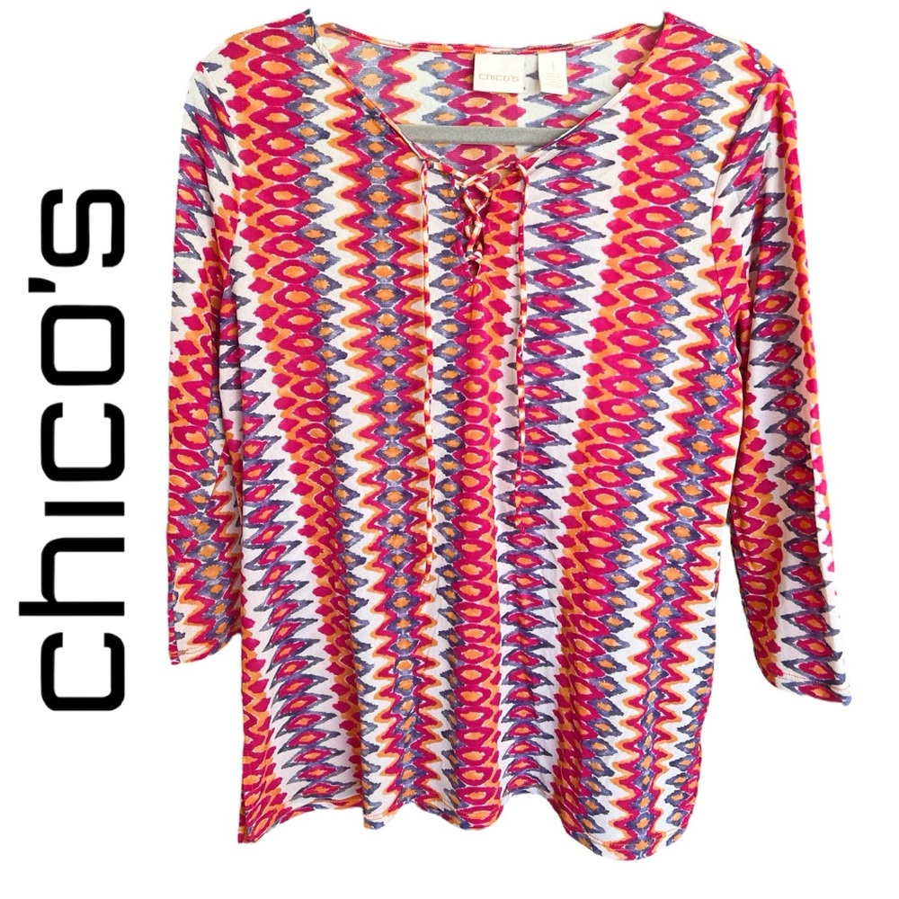 CHICO'S Tribal Stripes Lace Up Neckline Tunic Top Size M / 8